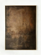 Close-up of vertical hand-painted 3D textured abstract painting with amber, brown, and charcoal impasto layers by Akari Kobayashi in a gold frame.