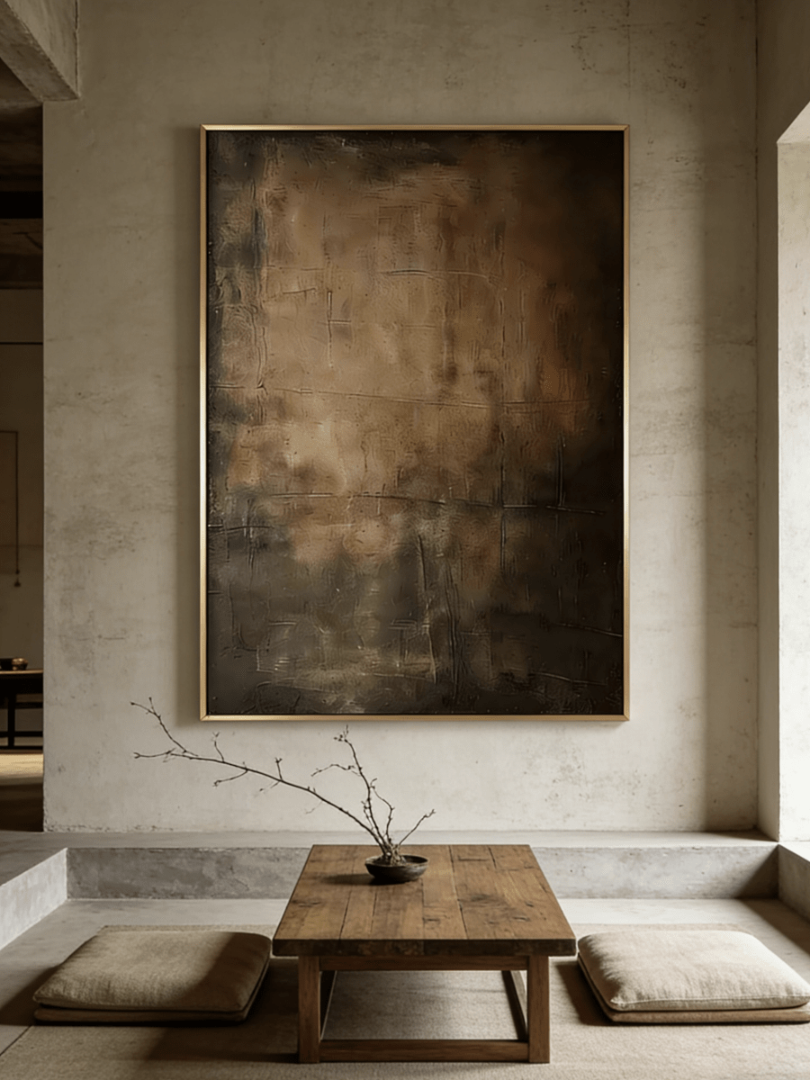 Close-up of vertical hand-painted 3D textured abstract painting with amber, brown, and charcoal impasto layers by Akari Kobayashi in a gold frame.