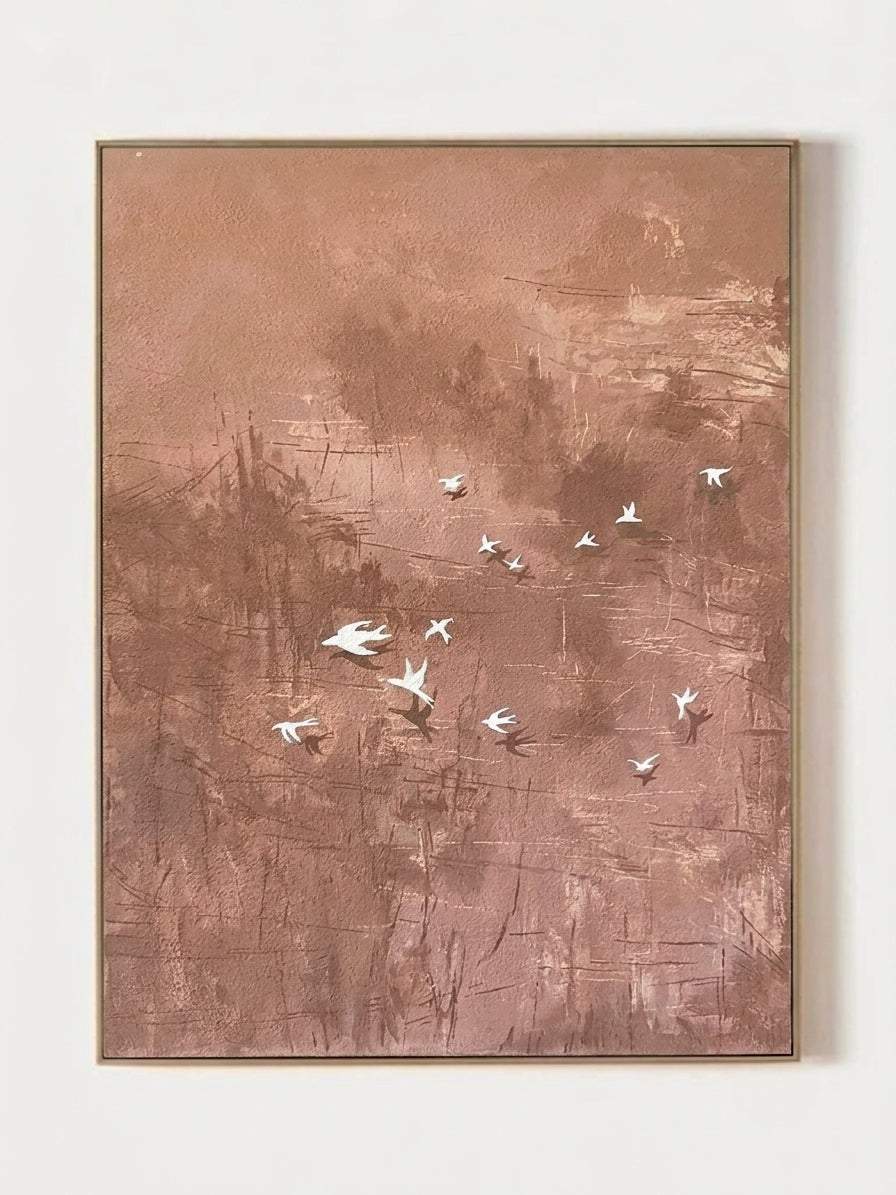 Hand-painted abstract bird wall art featuring white birds in flight over a textured blush pink and taupe background, contemporary canvas artwork for modern living room and bedroom decor.