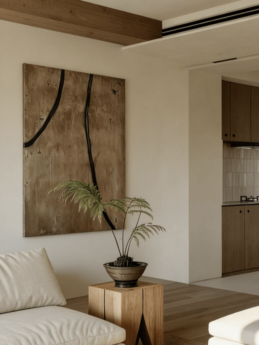  bold black lines on sawdust-textured sandy brown background, dynamic abstract wall art for industrial or modern interiors