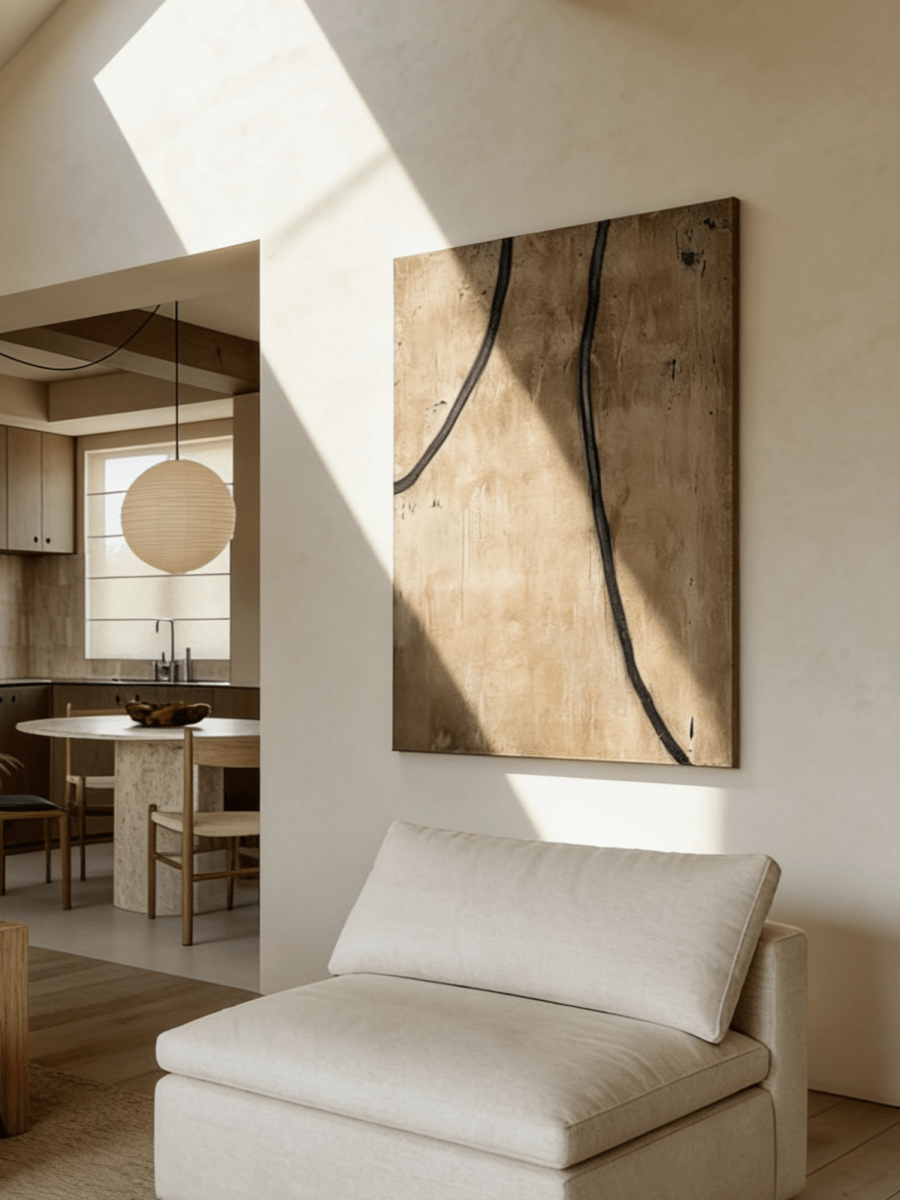  bold black lines on sawdust-textured sandy brown background, dynamic abstract wall art for industrial or modern interiors