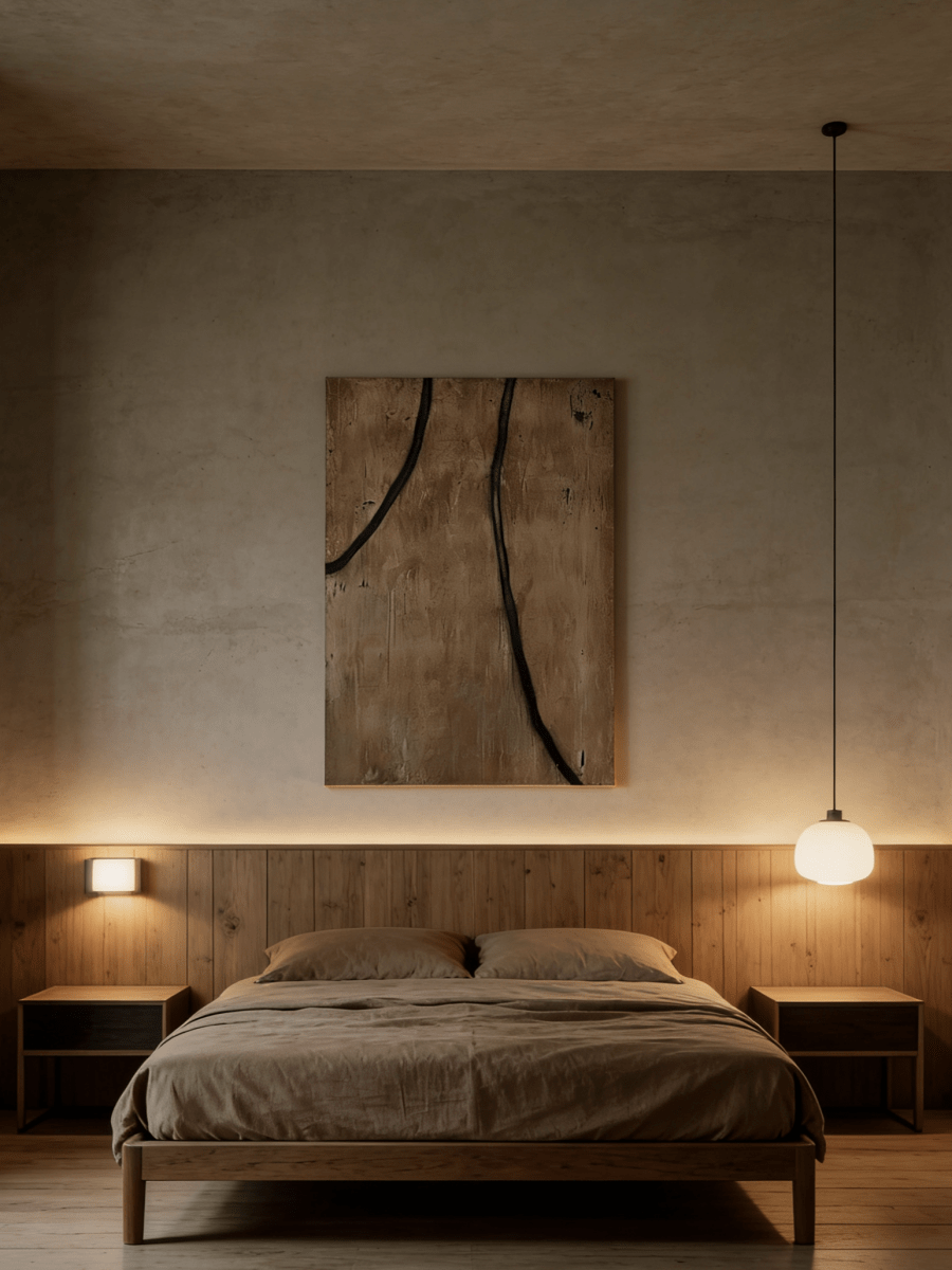  bold black lines on sawdust-textured sandy brown background, dynamic abstract wall art for industrial or modern interiors