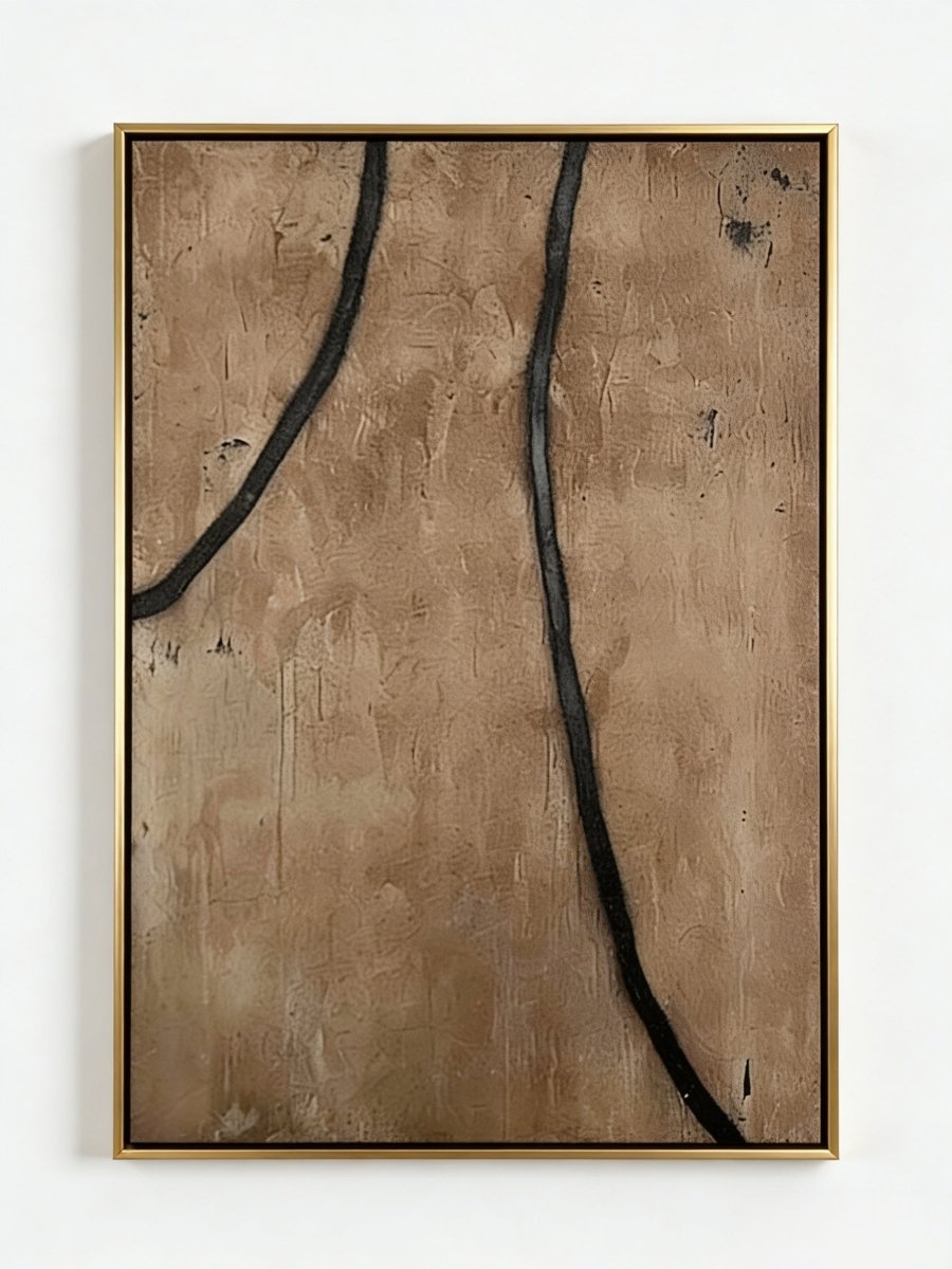  bold black lines on sawdust-textured sandy brown background, dynamic abstract wall art for industrial or modern interiors