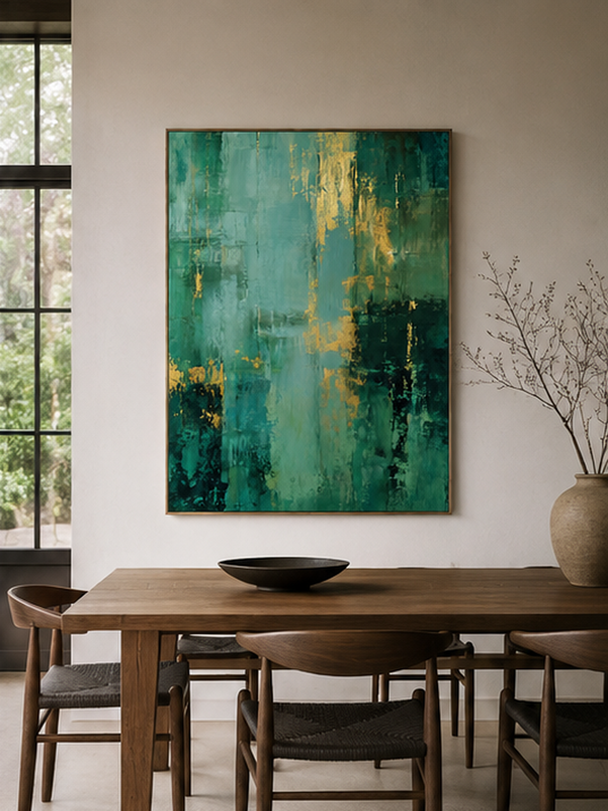 Hand-painted green and gold abstract wall art displayed in a dining room with walnut furniture