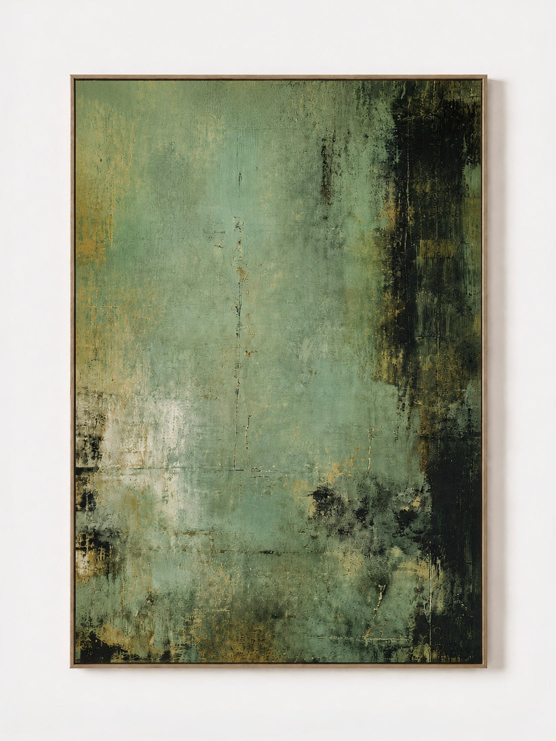 Hand-painted sage green abstract wall art with black, off-white and warm gold-tone accents by Akari Kobayashi