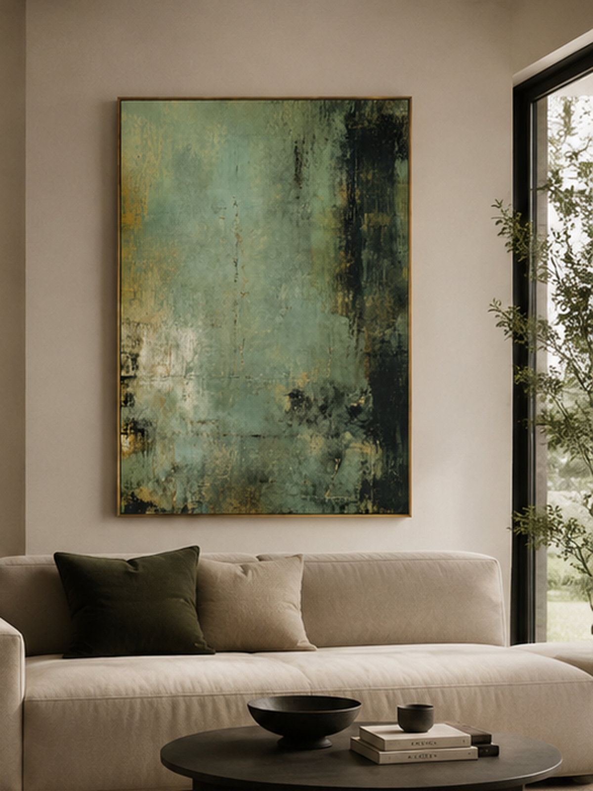 Sage green textured abstract painting displayed above neutral furniture in an organic modern living room