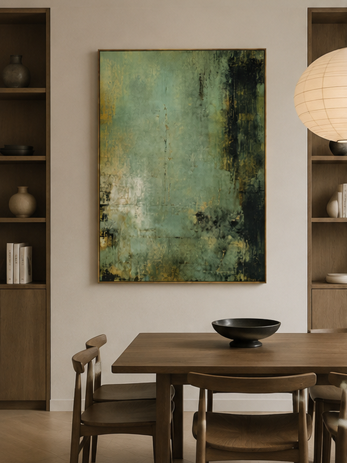 Hand-painted sage green abstract wall art displayed in a modern dining room with walnut furniture