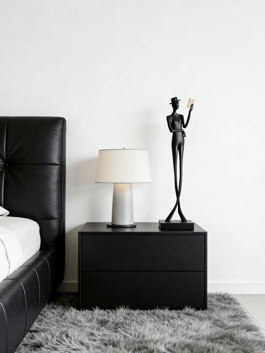abstract male figure reading a gold book, 51cm tall matte black metal sculpture for home office shelf decor