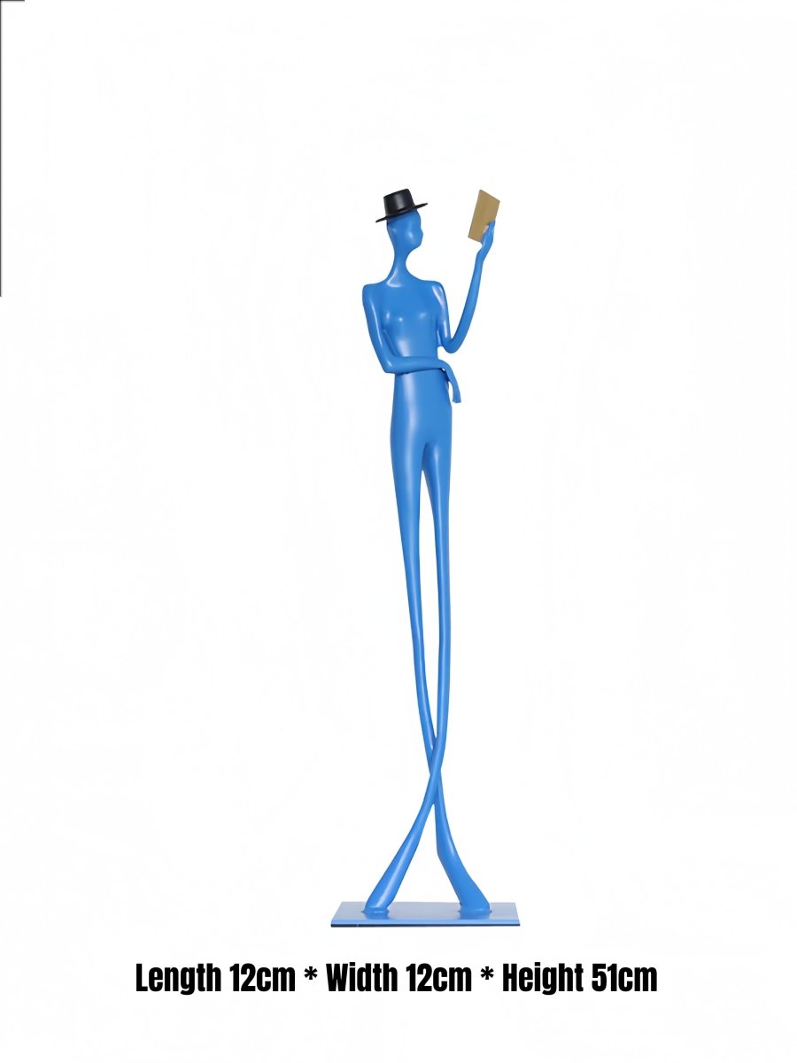 abstract male figure reading a gold book, 51cm tall matte blue metal sculpture for home office shelf decor