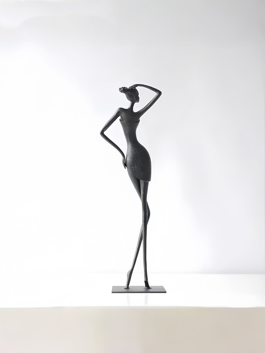 abstract female figure sculpture, 48cm tall matte black metal lady statuette for modern home decor