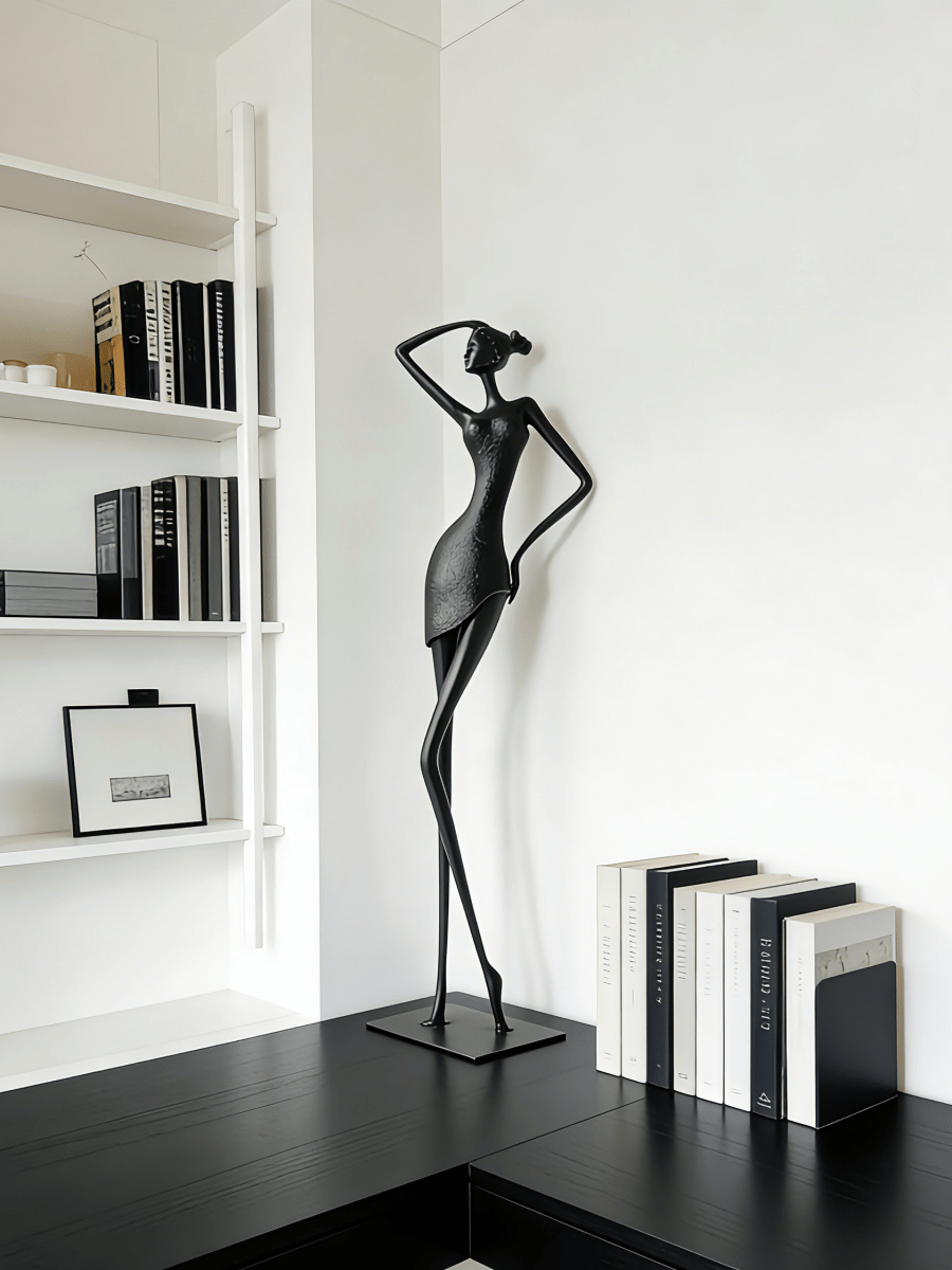 abstract female figure sculpture, 48cm tall matte black metal lady statuette for modern home decor