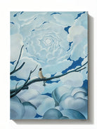 Hand-painted figurative abstract painting of person sitting on tree branch watching heart-shaped stars in blue sky