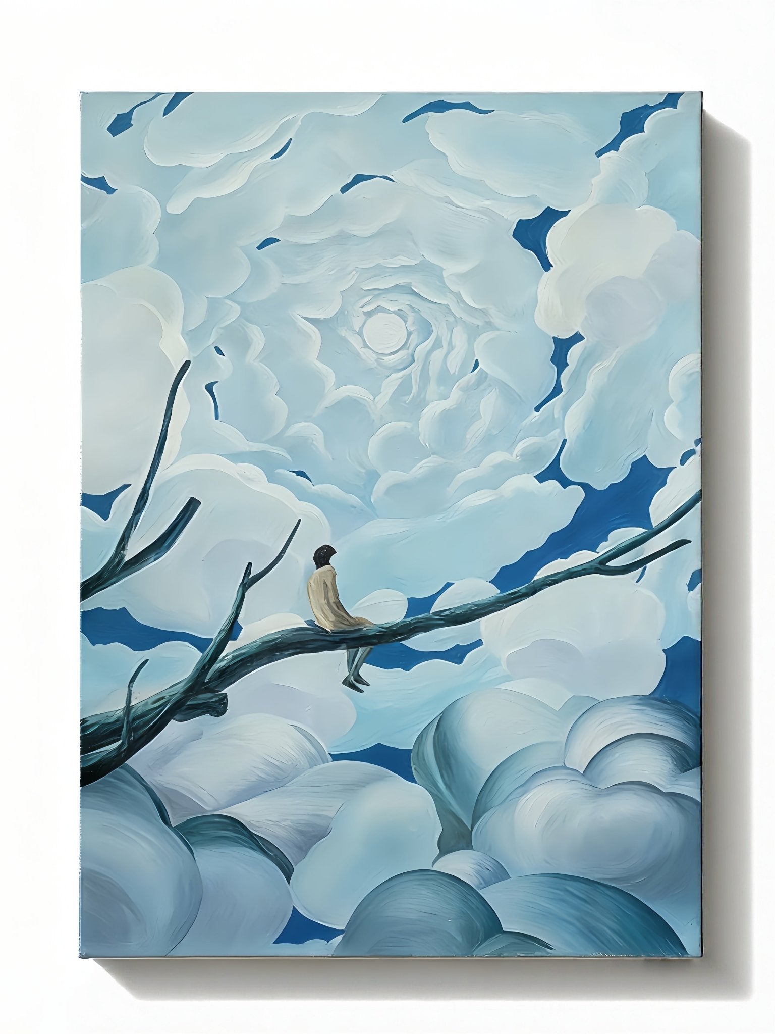 Hand-painted figurative abstract painting of person sitting on tree branch watching heart-shaped stars in blue sky