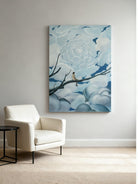 Whimsical tree and sky wall art displayed in modern living room, creating dreamy home decor atmosphere