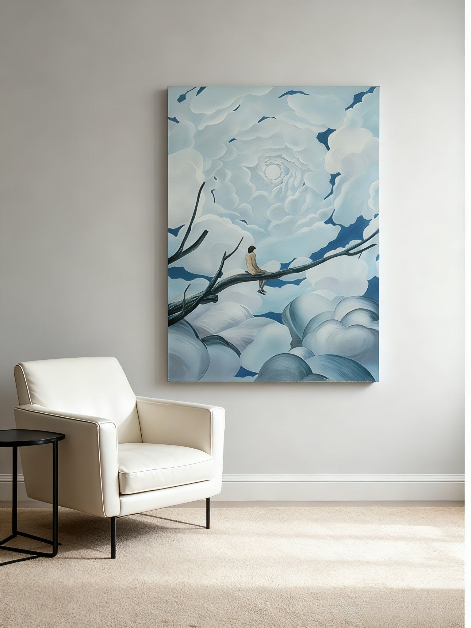 Whimsical tree and sky wall art displayed in modern living room, creating dreamy home decor atmosphere