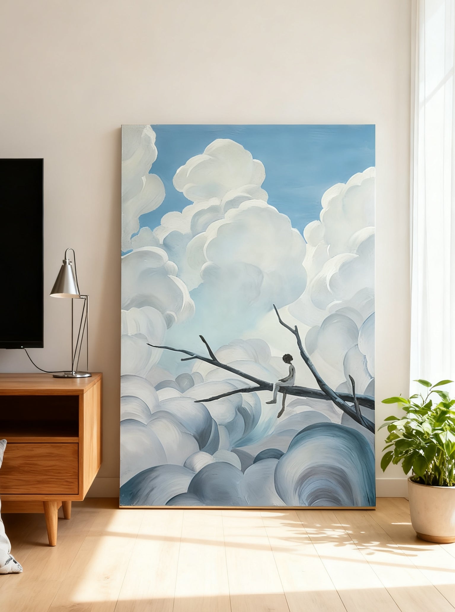 Dreamy heart cloud and tree silhouette wall art displayed in a modern living room, creating a whimsical home decor atmosphere.