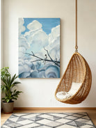 Dreamy heart cloud and tree silhouette wall art displayed in a modern living room, creating a whimsical home decor atmosphere.
