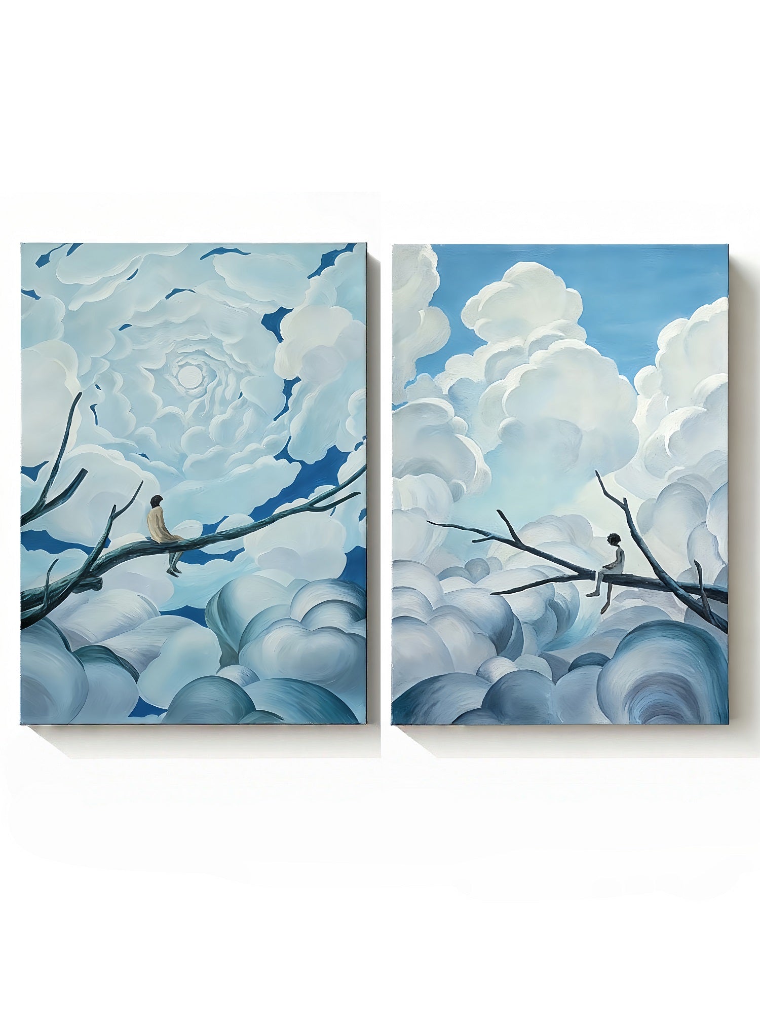 Hand painted abstract diptych wall art with person sitting on tree branch and heart shaped clouds in blue sky