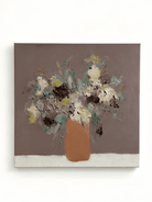 Modern abstract hand-painted oil painting of a flower bouquet in a vase, with heavy texture, for wall decor.