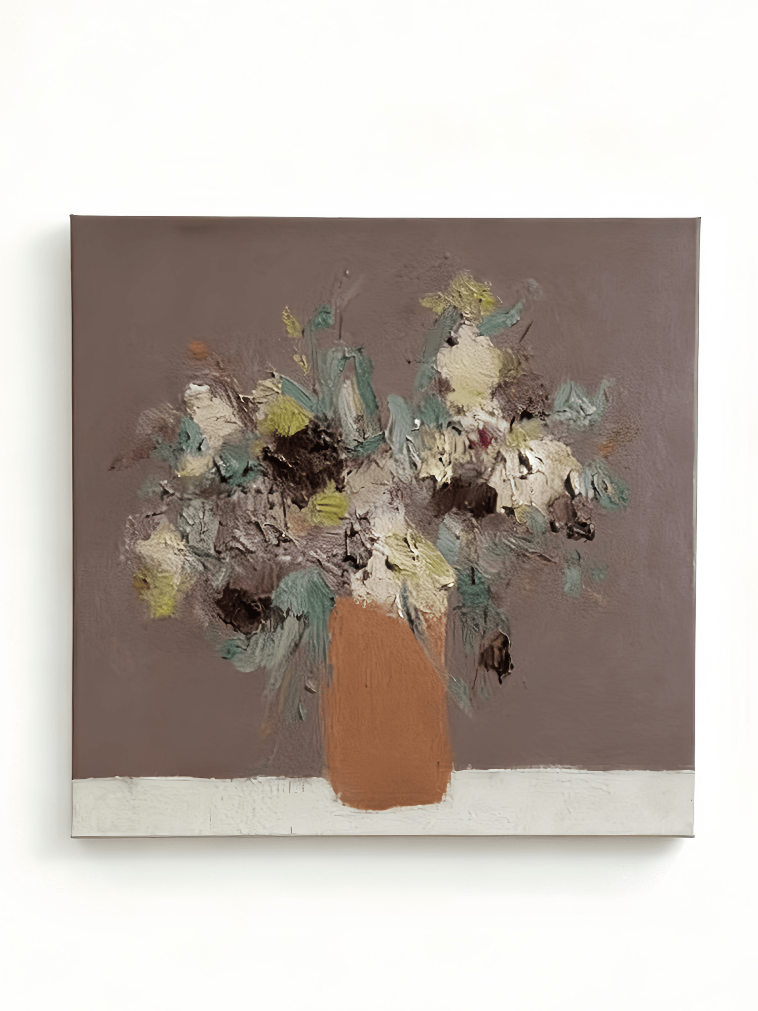 Modern abstract hand-painted oil painting of a flower bouquet in a vase, with heavy texture, for wall decor.