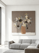 Modern abstract hand-painted oil painting of a flower bouquet in a vase, with heavy texture, for wall decor.