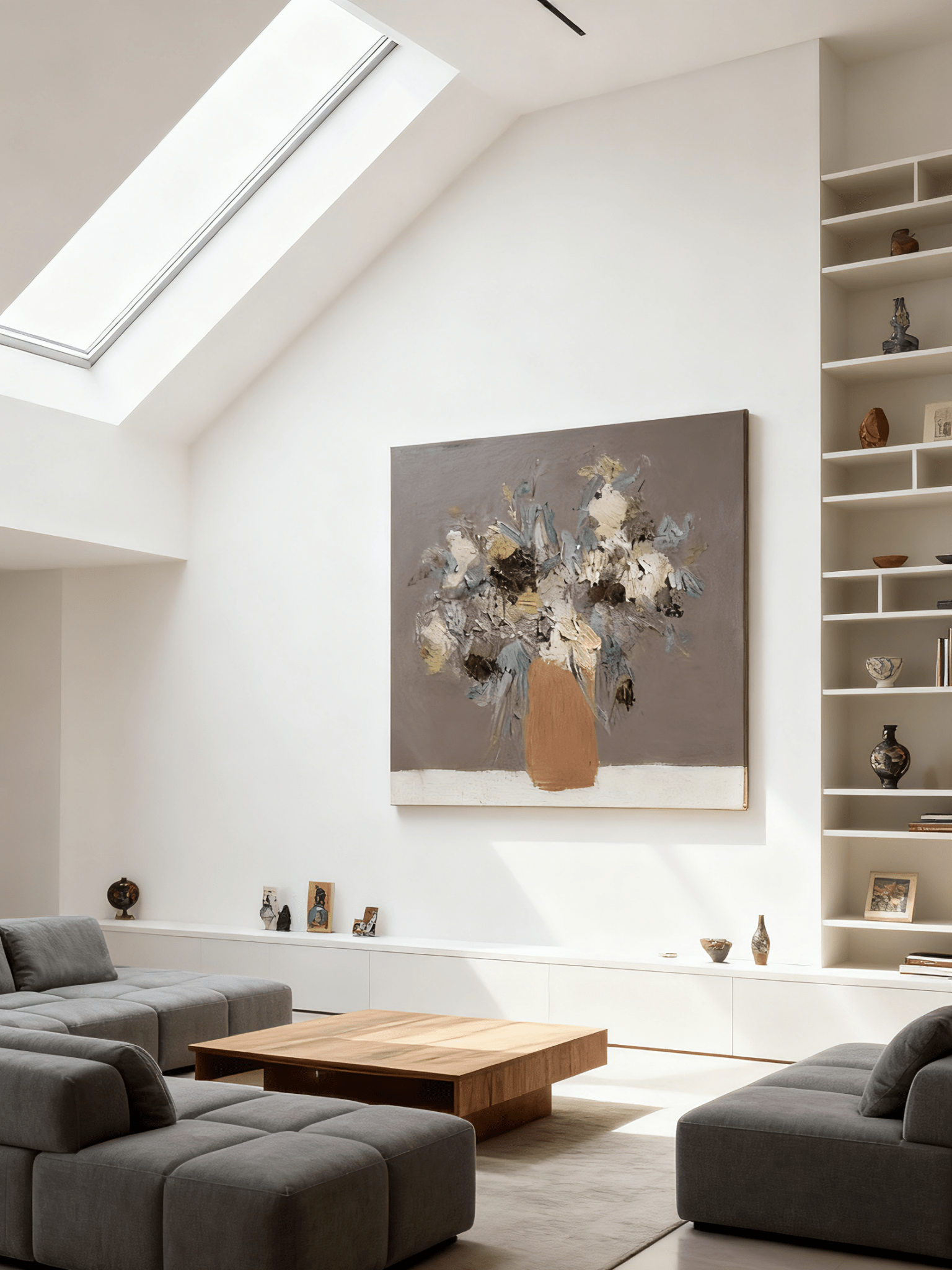 Modern abstract hand-painted oil painting of a flower bouquet in a vase, with heavy texture, for wall decor.