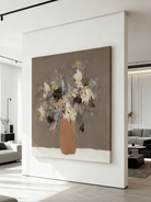 Modern abstract hand-painted oil painting of a flower bouquet in a vase, with heavy texture, for wall decor.