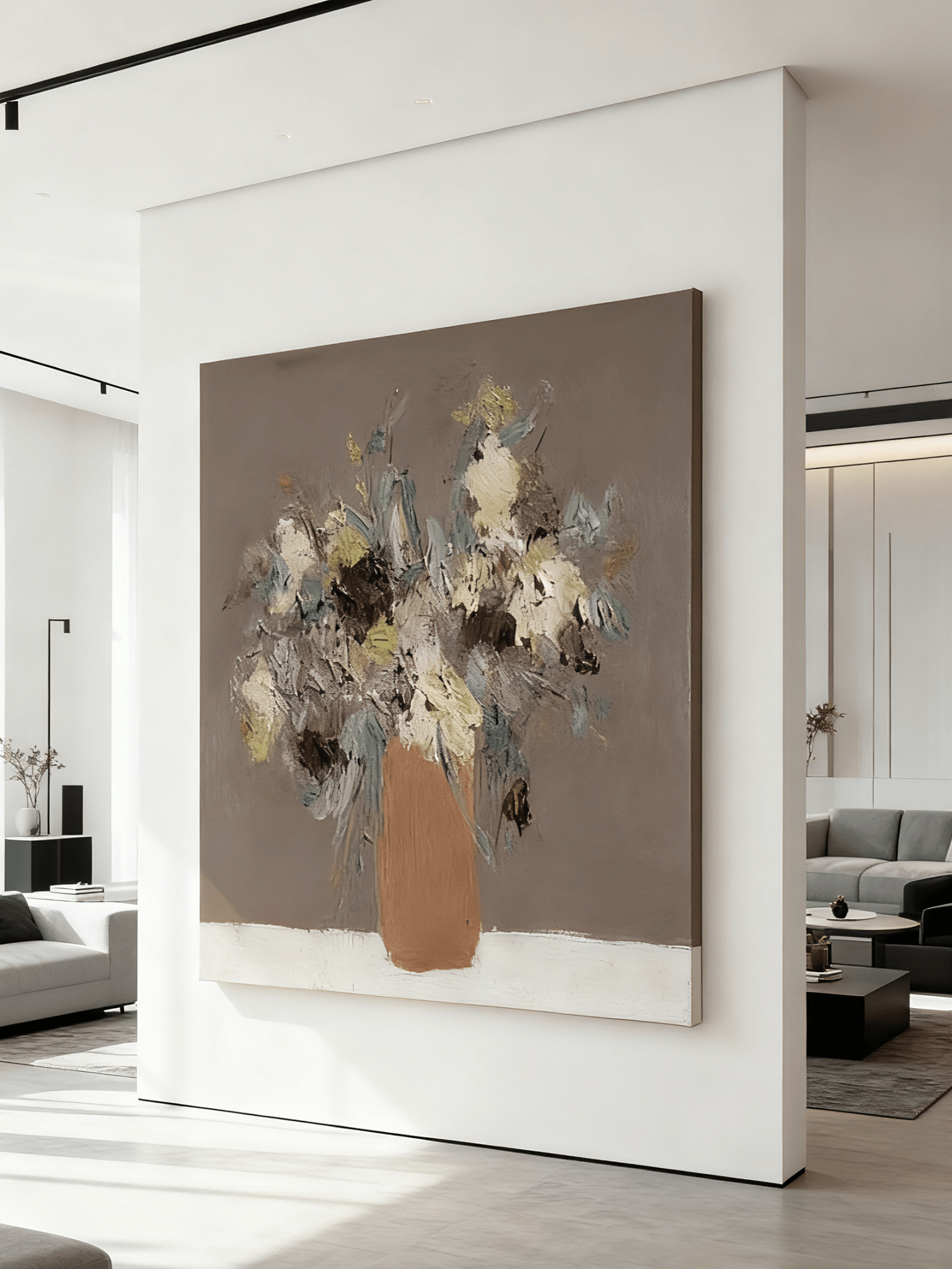 Modern abstract hand-painted oil painting of a flower bouquet in a vase, with heavy texture, for wall decor.