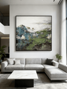 Close-up detail showing thick impasto texture in mountain landscape painting, hand-painted brushstrokes