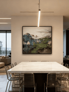 Close-up detail showing thick impasto texture in mountain landscape painting, hand-painted brushstrokes