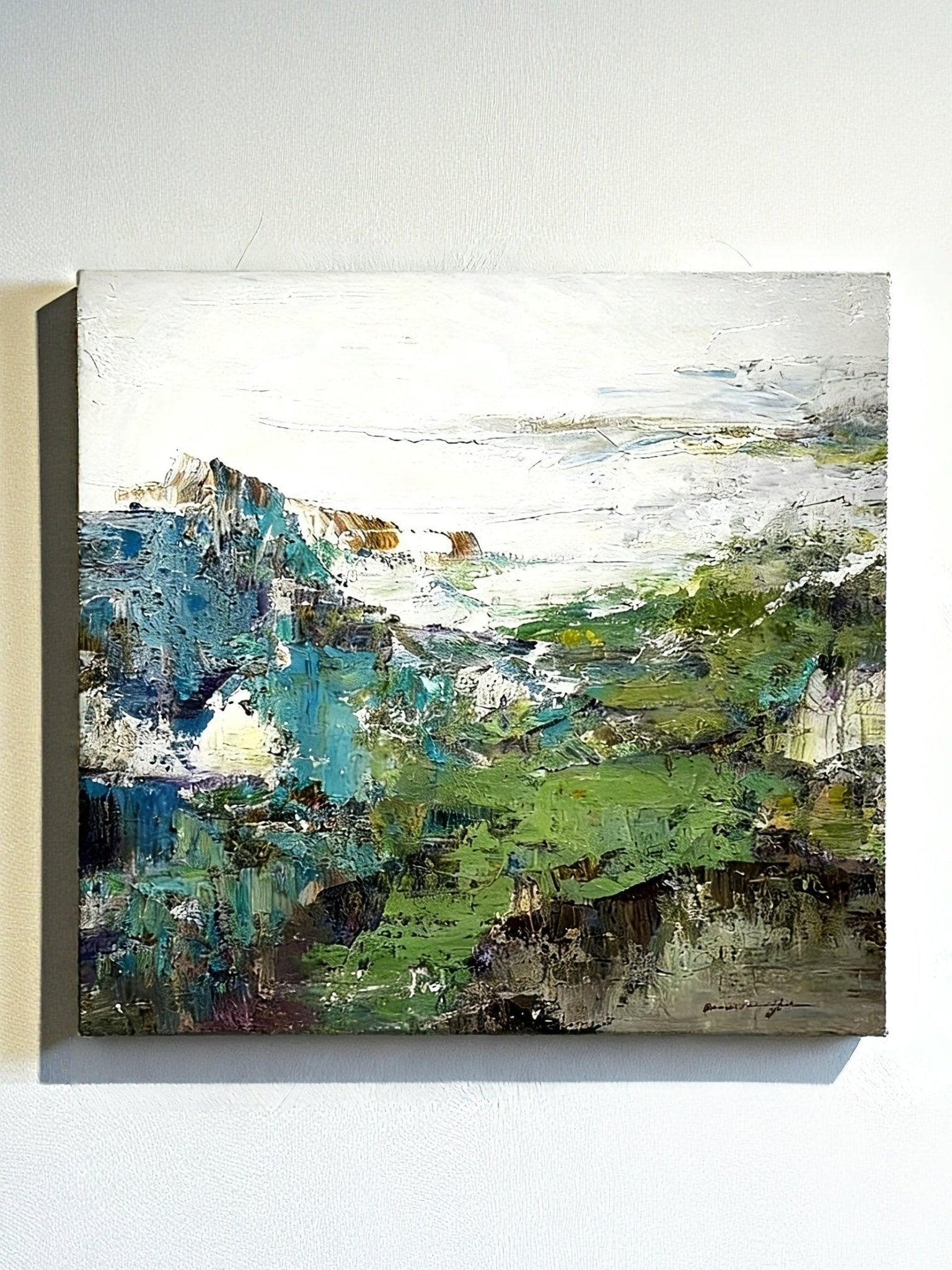 Textured hand-painted oil painting of mountain and valley landscape, modern nature wall art for living room