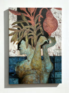 Abstract hand-painted portrait of Native American woman holding plants with fruits, spiritual wall art about inner growth