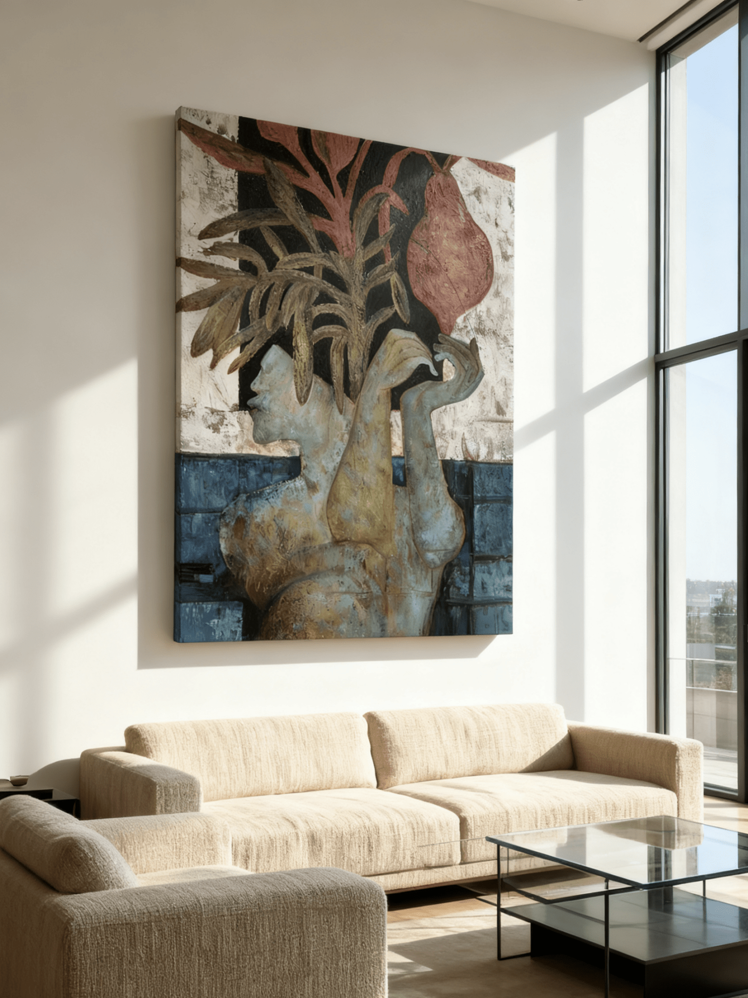 Close-up texture detail of fruitful plants in native woman abstract painting, hand-painted impasto technique