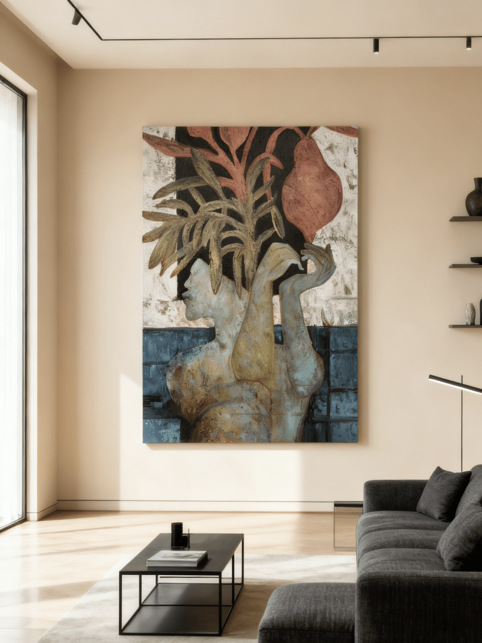 Close-up texture detail of fruitful plants in native woman abstract painting, hand-painted impasto technique