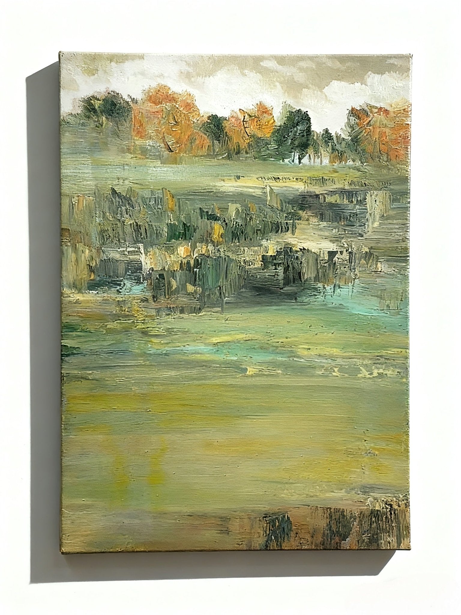 Abstract hand-painted oil painting of lake and trees landscape, modern nature wall art for living room