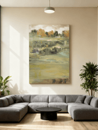 Close-up texture detail showing brushstrokes in abstract lake landscape painting