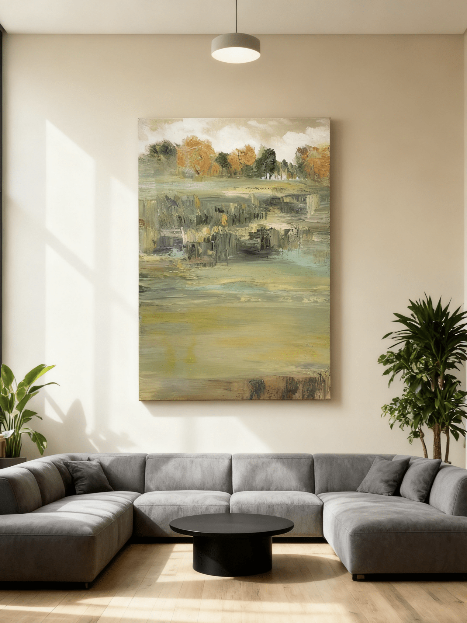 Close-up texture detail showing brushstrokes in abstract lake landscape painting