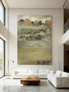 Close-up texture detail showing brushstrokes in abstract lake landscape painting