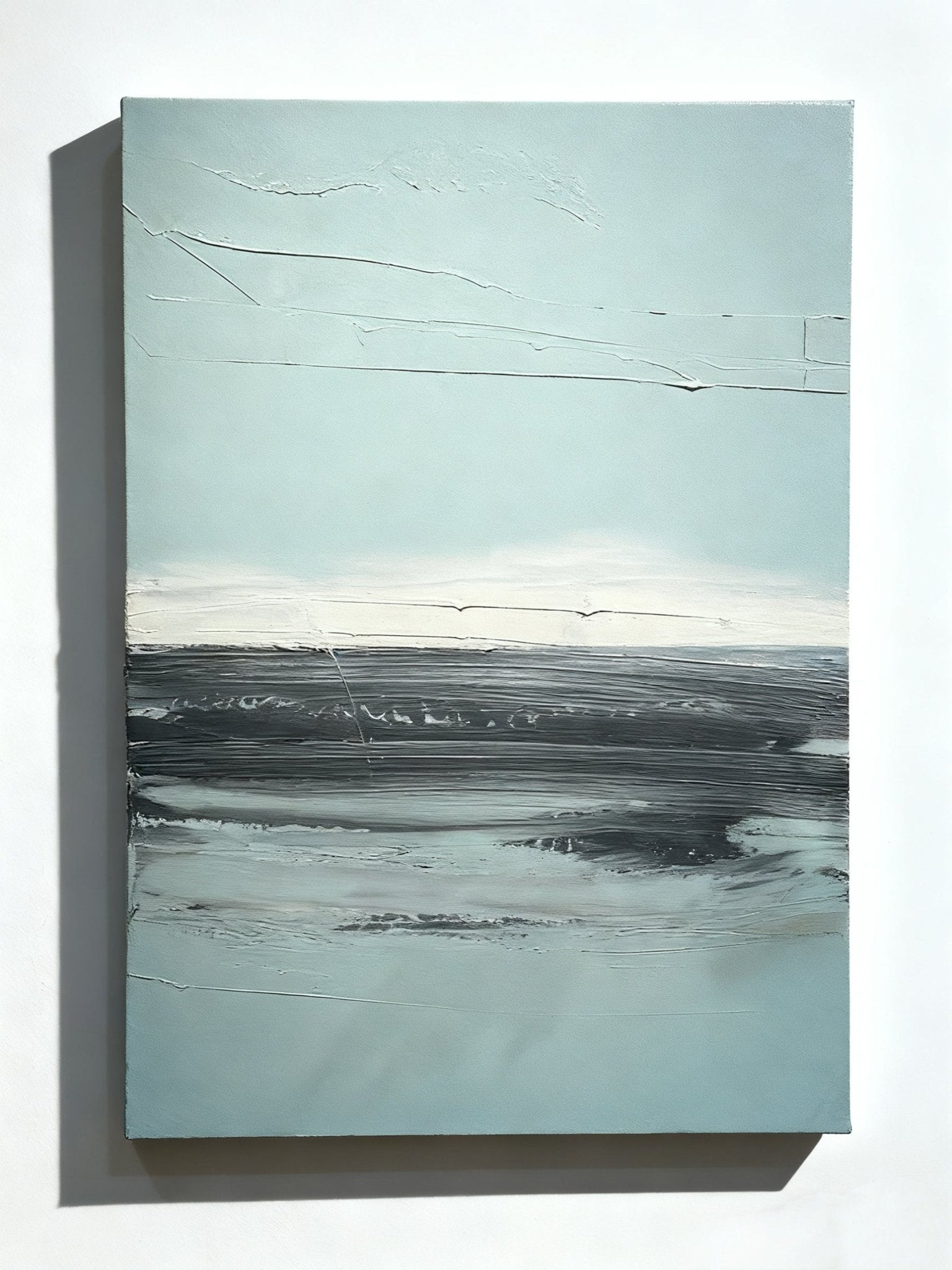 Abstract hand-painted oil painting of black sea and blue sky, modern ocean wall art for home decor