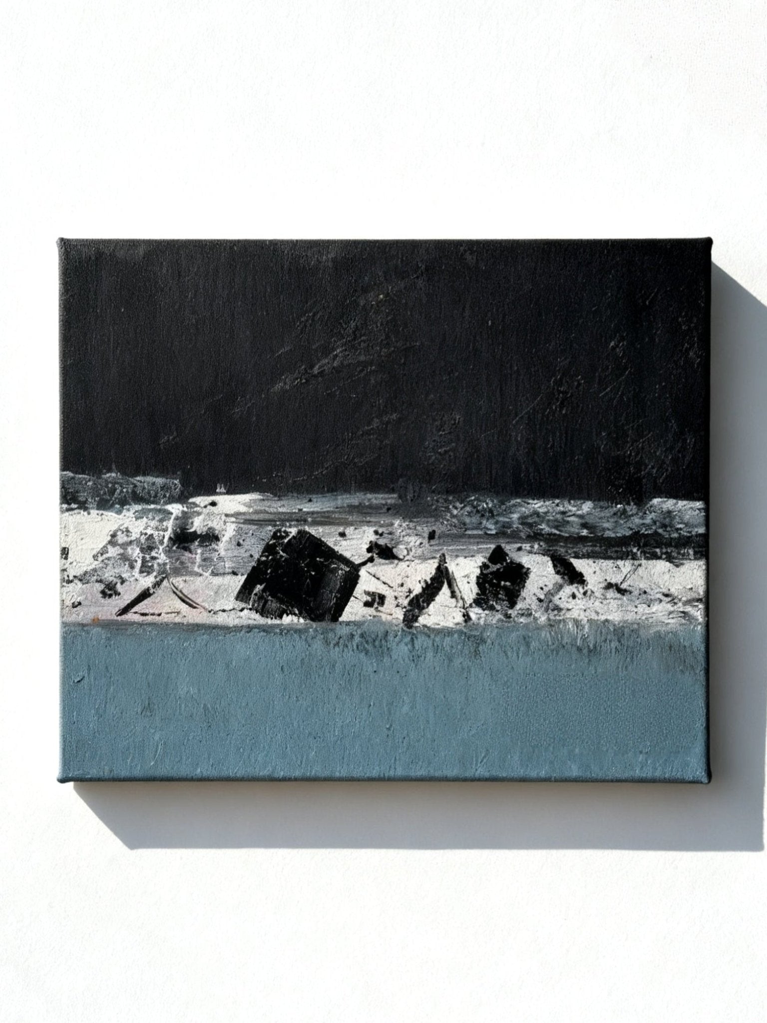 Abstract hand-painted winter creek landscape with textured snow details, modern seasonal wall art for home decor