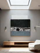 Close-up of textured brushstrokes in abstract winter creek painting, showing artist's technique and color blending