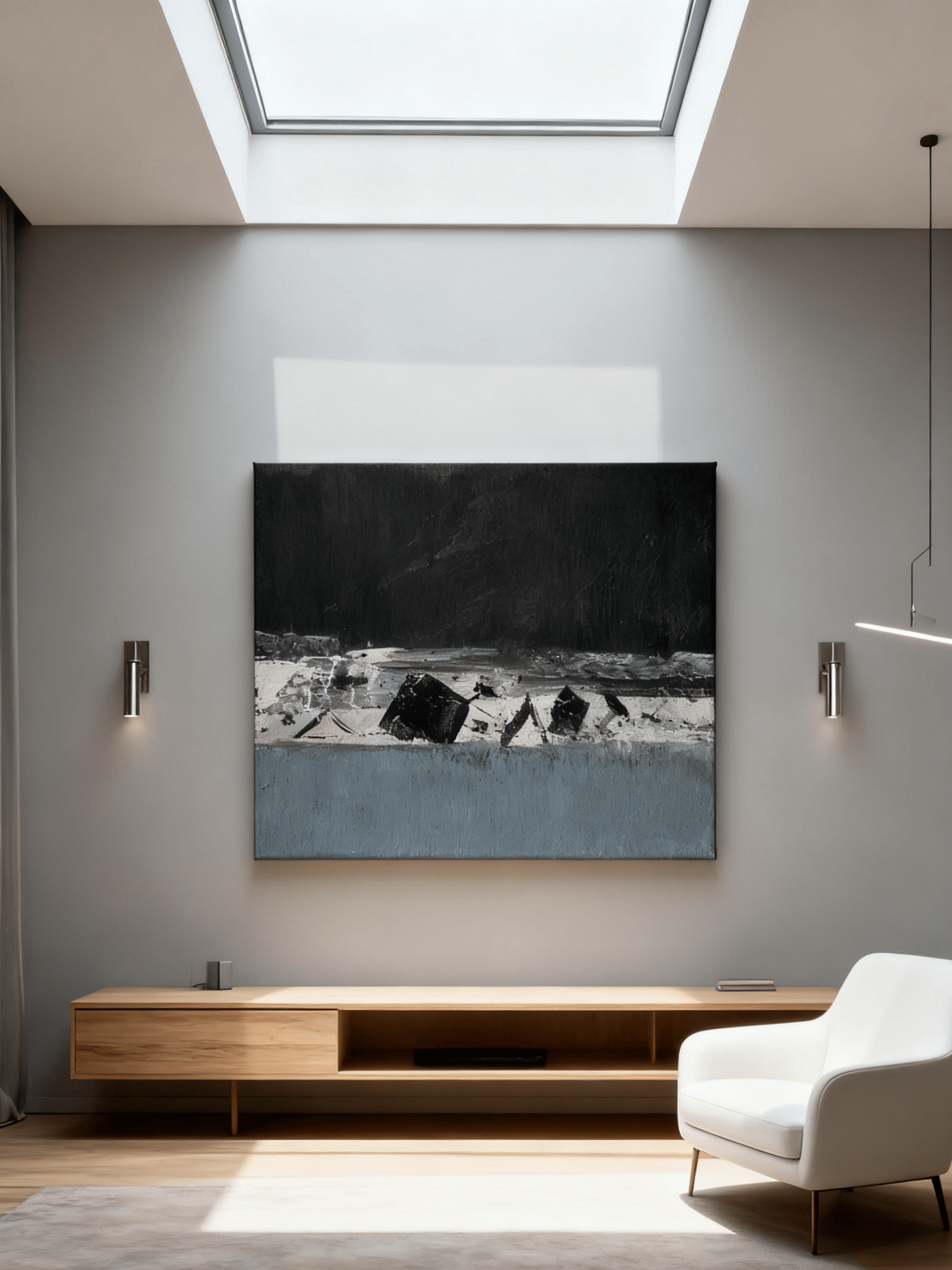 Close-up of textured brushstrokes in abstract winter creek painting, showing artist's technique and color blending