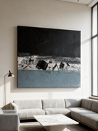 Close-up of textured brushstrokes in abstract winter creek painting, showing artist's technique and color blending