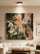 Close-up detail showing thick brushstrokes and texture in an abstract flower painting, WABI wall art.