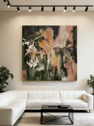 Close-up detail showing thick brushstrokes and texture in an abstract flower painting, WABI wall art.