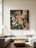 Close-up detail showing thick brushstrokes and texture in an abstract flower painting, WABI wall art.