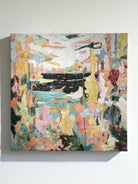 Abstract hand-painted lake landscape with surrounding nature, modern oil painting on canvas for wall decor