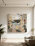 Close-up texture detail showing brushwork in abstract lakeside painting, hand-painted impasto technique