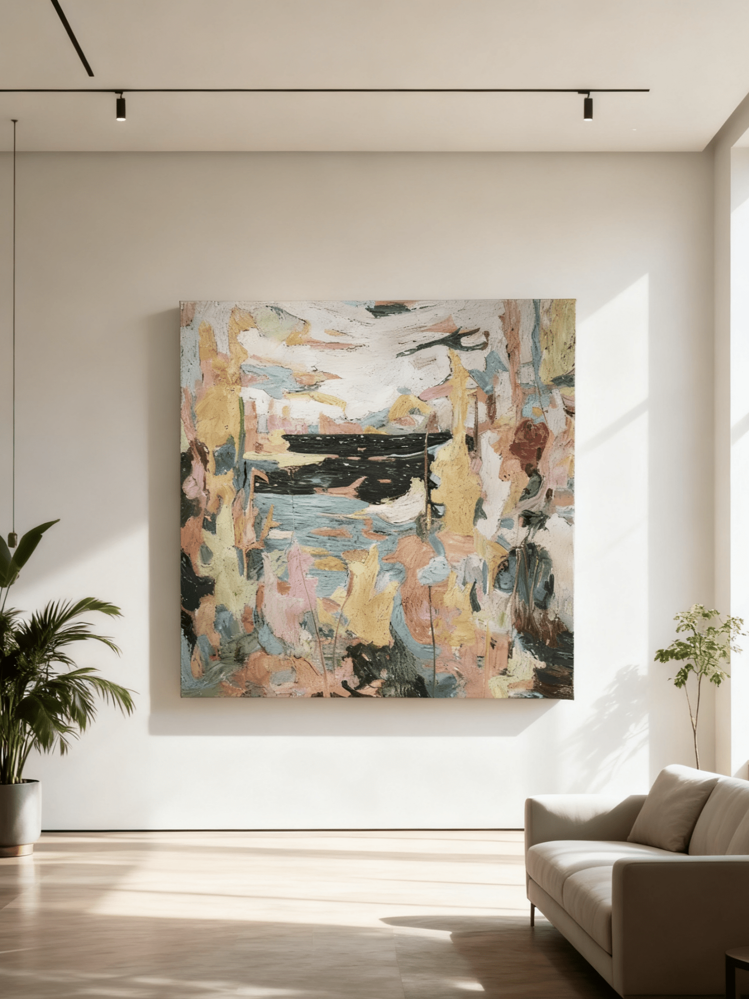 Close-up texture detail showing brushwork in abstract lakeside painting, hand-painted impasto technique