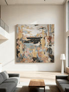 Close-up texture detail showing brushwork in abstract lakeside painting, hand-painted impasto technique